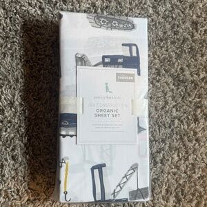 Pottery Barn Kids Jax Construction Organic Toddler Sheet Set - White & Navy